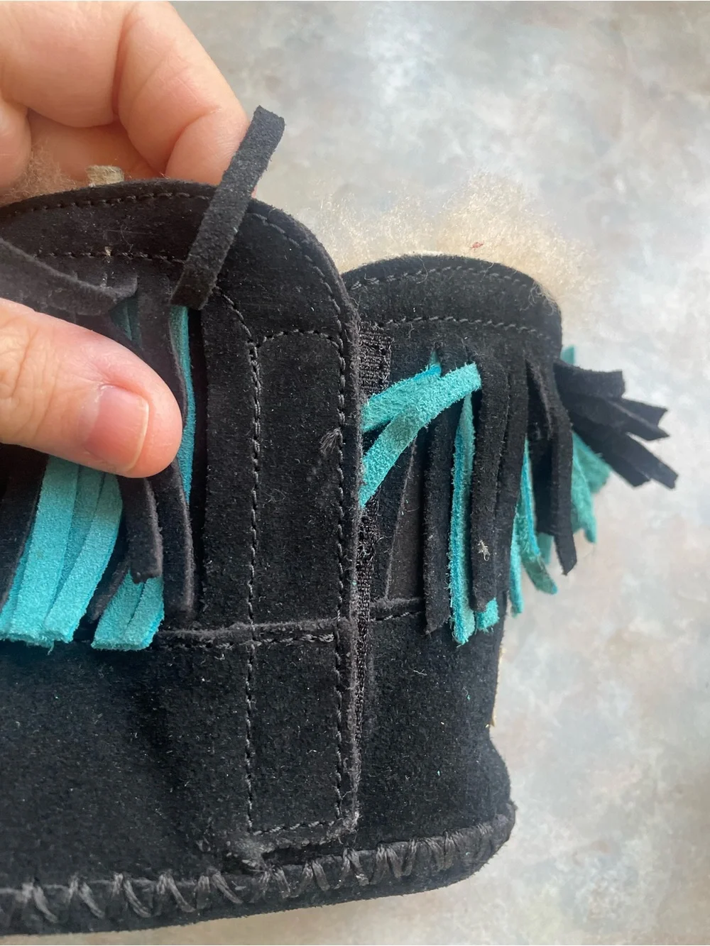 UGG Black Suede Kids Fringe Boots with Teal Accents